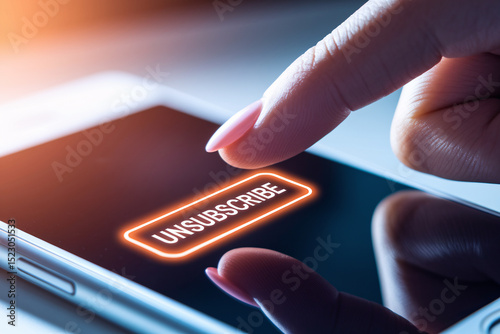 Woman’s finger hovering over unsubscribe button on mobile phone screen