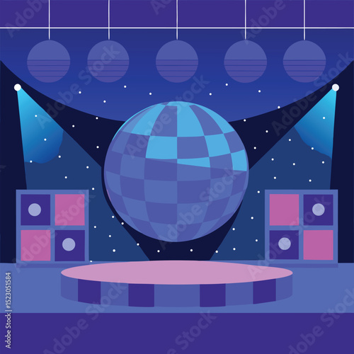Vector illustration of a disco stage with a glowing disco ball and festive ambiance