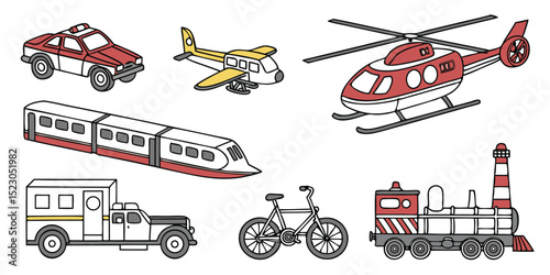 Realistic Vector Set of Police Cars, Buses, Helicopter, and Airplane – Modern Urban and Aerial Transport on White Background