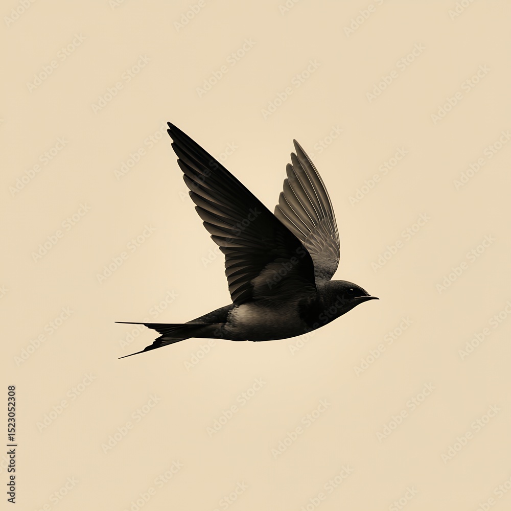 Fototapeta premium A bird is flying in the sky. The bird is black and white. The sky is clear and blue