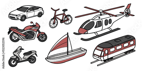 Realistic Vector Set of Police Cars, Buses, Helicopter, and Airplane – Modern Urban and Aerial Transport on White Background