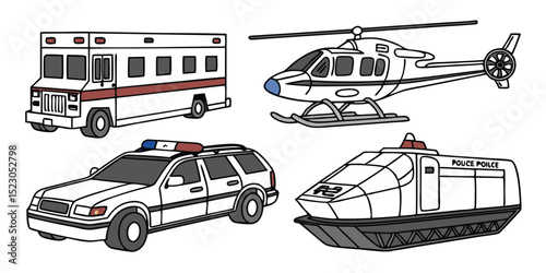 Realistic Vector Set of Police Cars, Buses, Helicopter, and Airplane – Modern Urban and Aerial Transport on White Background