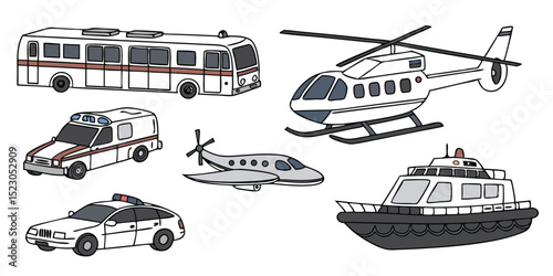 Realistic Vector Set of Police Cars, Buses, Helicopter, and Airplane – Modern Urban and Aerial Transport on White Background
