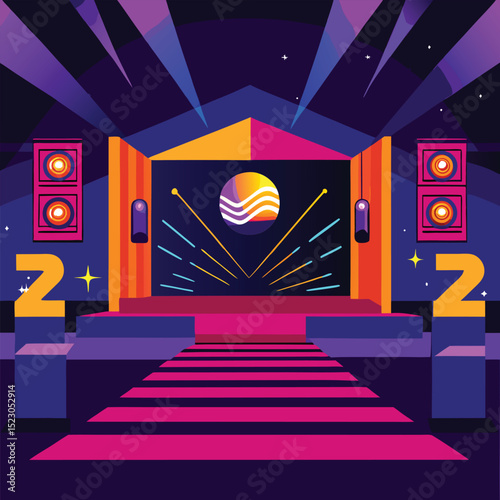 Vibrant retro stage design with geometric shapes and a bold color palette ready for performances
