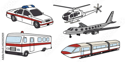 Realistic Vector Set of Police Cars, Buses, Helicopter, and Airplane – Modern Urban and Aerial Transport on White Background