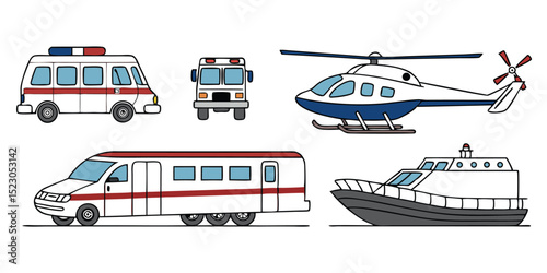 Realistic Vector Set of Police Cars, Buses, Helicopter, and Airplane – Modern Urban and Aerial Transport on White Background