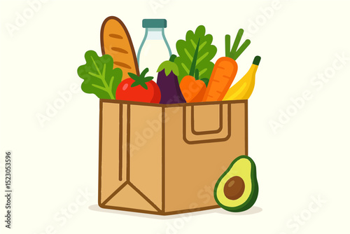 Paper Bag Full of Vegetables and Healthy Food – Grocery Shopping Vector
