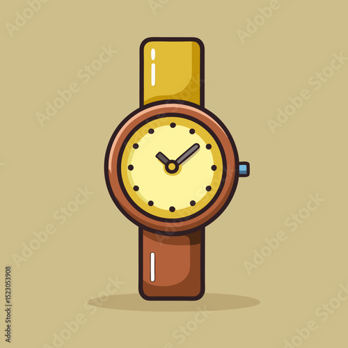 Cartoon Wristwatch Illustration – Stylish Brown Leather Analog Watch Icon