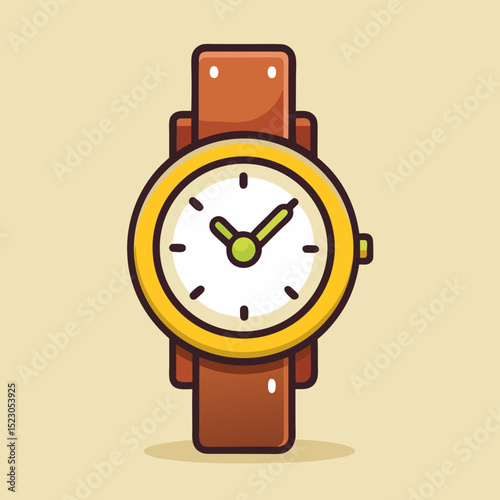Cartoon Wristwatch Illustration – Stylish Brown Leather Analog Watch Icon