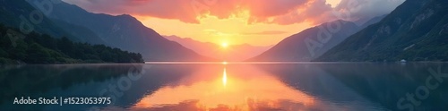 Serene sunrise over a tranquil mountain lake, reflecting the peaceful pursuit of spiritual enlightenment Perfect for meditation, mindfulness, and inner peace themes , scenic, self-discovery, balance