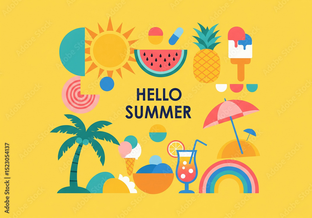 Obraz premium Colorful Geometric Summer Background, poster, banner. Summer time fun concept