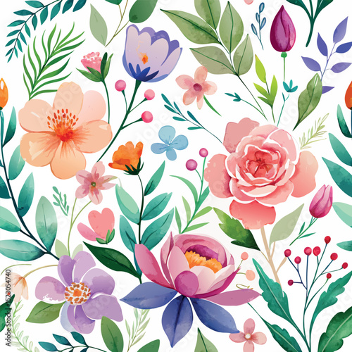 Vibrant Watercolor Floral Pattern A Seamless Design of Blossoms and Greenery