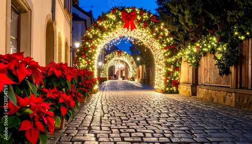 Christmas-decorated European street at night