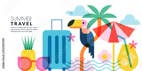 Summer travel banner poster design elements. Suitcase, palm, toucan, cocktail and beach umbrella. Vector illustration