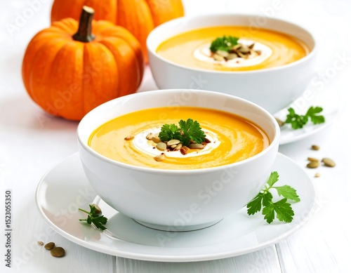 Creamy pumpkin soup in bowls
