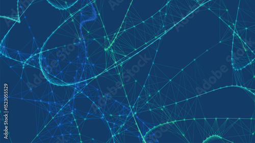 Bright, swirling light paths in shades of green and blue, creating a dynamic volumetric abstract background. Neural connections. Abstract biological cells. Vector illustration.