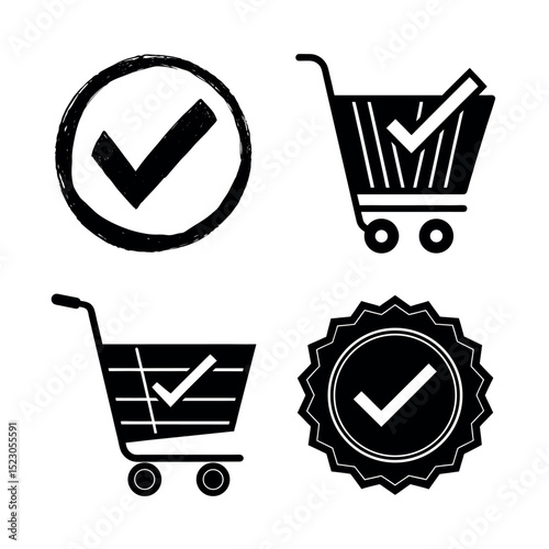 Shopping Cart Checkmarks Icons for Approved Purchases, Order Confirmation, and Secure Transactions