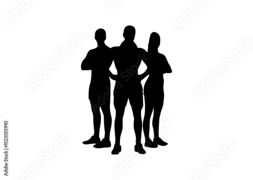 A girl and two boy bodybuilders standing in the gym vector