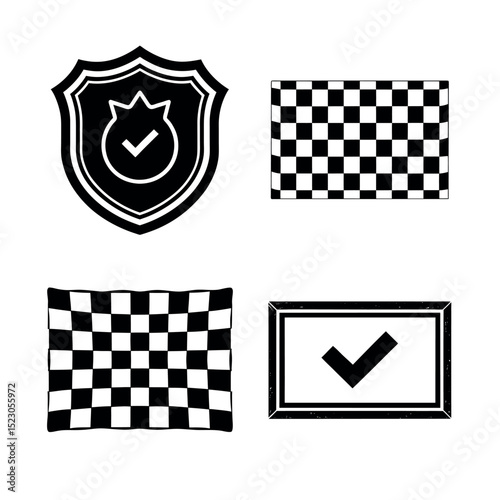 Checkered Flag, Shield, and Check Mark Icons  Vector Graphics for Design Projects