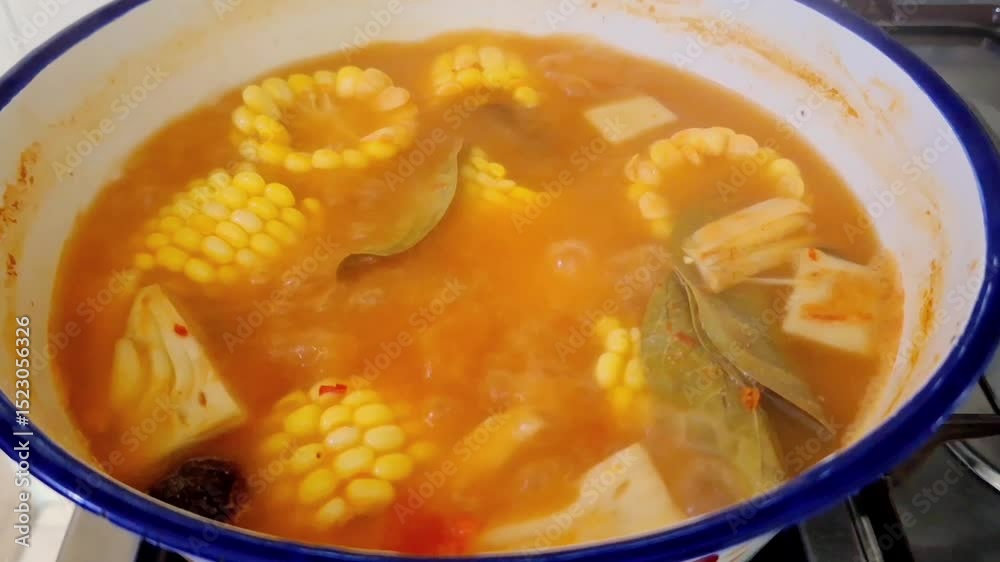 Indonesian sour vegetable soup (Sayur Asam) simmers and bubbles in a pot on the stove.