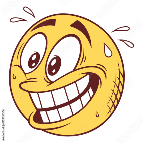 Bright yellow vector emoji of a grinning face with a bead of sweat on its forehead. Can represent nervousness, relief after a close call, or working hard.