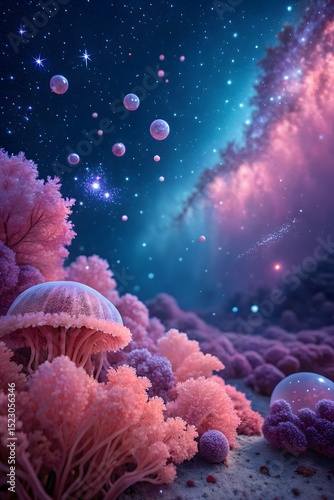 Dreamy fantasy landscape with coral like plants floating orbs and a starry sky in shades of pink purple and blue creating a surreal