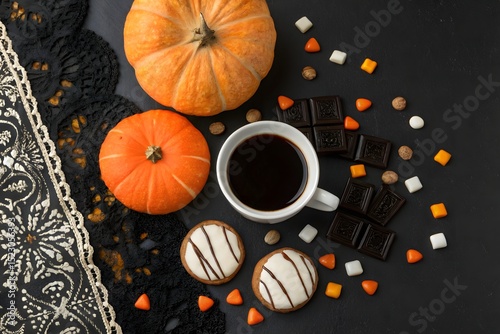 Still life autumn scene with pumpkin and tea surrounded by fall leaves and seasonal harvest photo