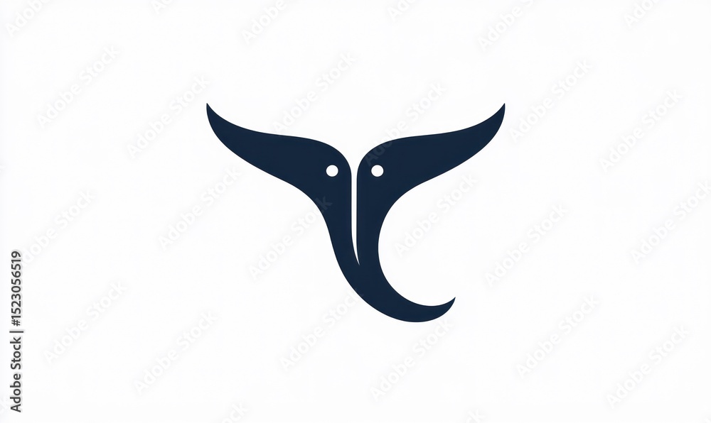 Fototapeta premium Dark navy blue stylized whale tail or fin logo, symmetrical, against white background. Two flowing, organic shapes. Simple, elegant design