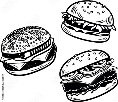 Hand-drawn burger illustrations with sesame buns and fillings