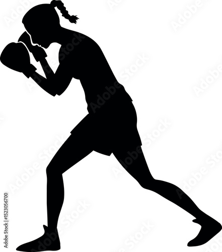 Silhouette of female boxer in fighting stance, isolated 