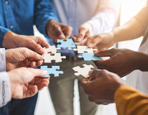 Interlocking puzzle pieces of diverse colors and textures represent different abilities coming together for inclusion.