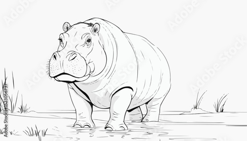 Majestic hippopotamus stands proudly by the water's edge in a serene natural habitat during the golden hour of sunset