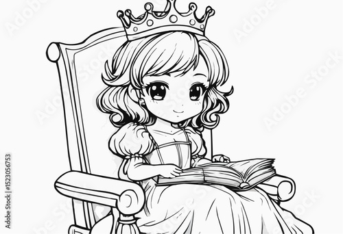Charming young princess reading a storybook while seated on a regal chair, surrounded by a whimsical atmosphere filled with imagination