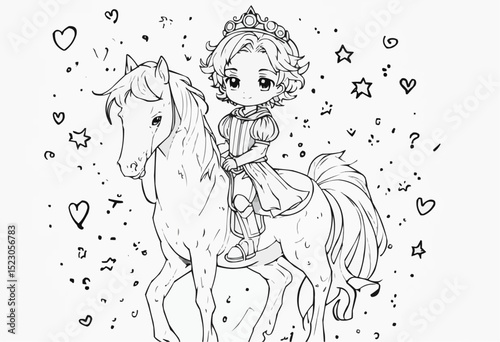 Charming princess riding a graceful pony through a whimsical, dreamy landscape of stars and hearts