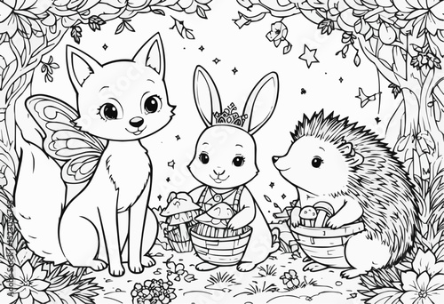 Whimsical woodland creatures gathering treasures in a vibrant forest glade during a sunny afternoon adventure