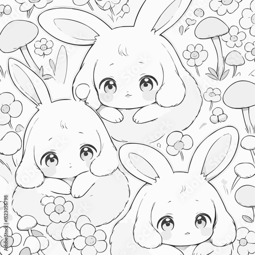 Whimsical bunnies nestled among blooming flowers in a serene garden setting filled with playful expression and charm