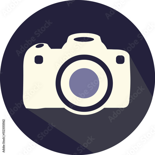 Camera Icon on dark blue background: Stylish vector icon of a classic camera, rendered in a crisp, modern style with a dark blue backdrop.