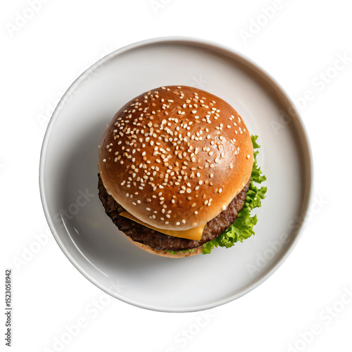 hamburger on white ceramic plate top down view isolated die cut 