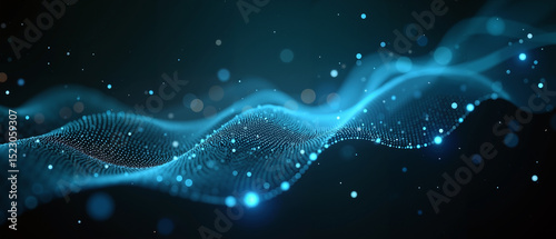 An abstract digital image showing densely clustered, glowing blue particles in smooth, dynamic wave patterns, creating a futuristic, energetic effect on a dark gradient background.