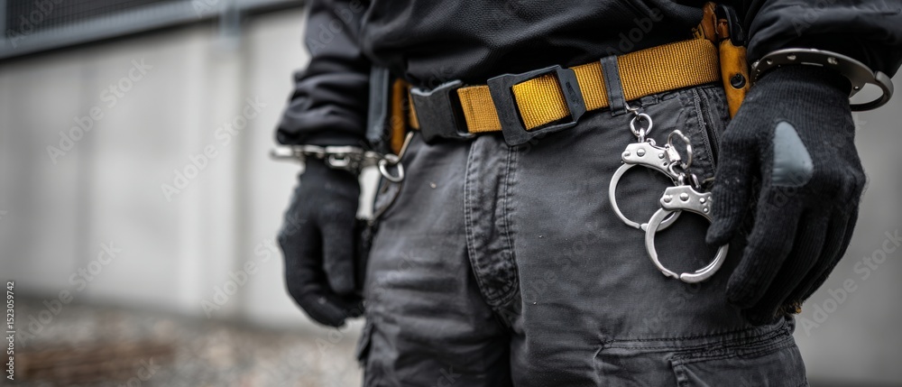 Unrecognizable law enforcement officer with handcuffs on duty belt Closeup of police equipment, representing security, authority, and justice Unrecognizable law enforcement officer with handcuffs on duty belt Closeup of police equipment, representing security, authority, and justice