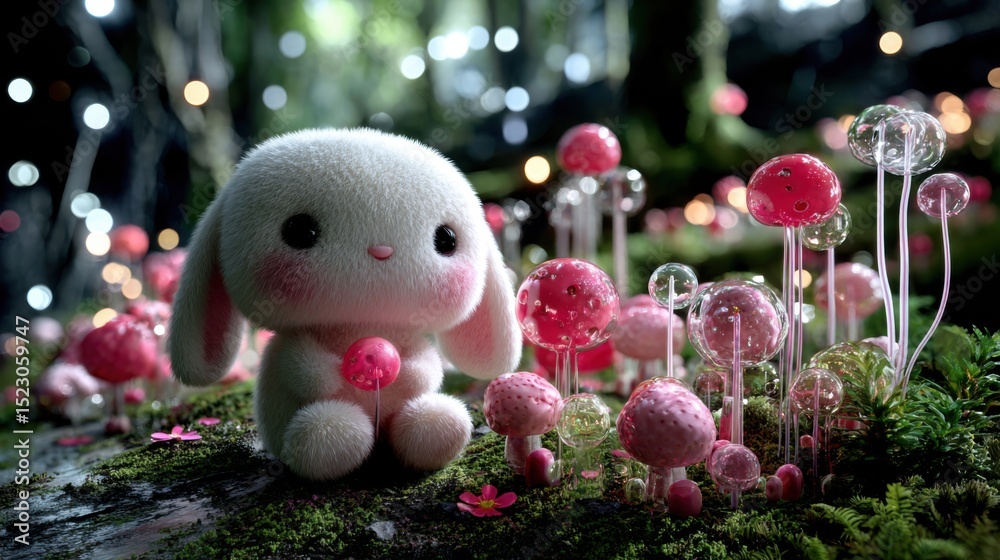 Obraz premium Cute bunny character surrounded by colorful mushrooms in enchanted forest digital art whimsical concept