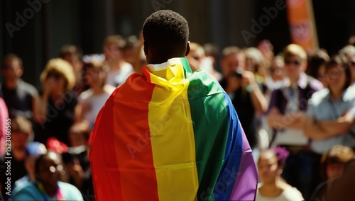 A Black man stands proudly among a vibrant crowd at a Pride event, wrapped in the rainbow flag seen from behind—a powerful silhouette of LGBTQ+ solidarity, identity, and communal celebration.