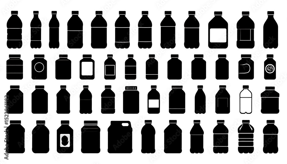 Fototapeta premium Various black silhouettes of plastic bottles and containers