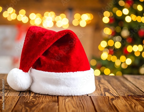 Christmas Santa hat on wooden table
