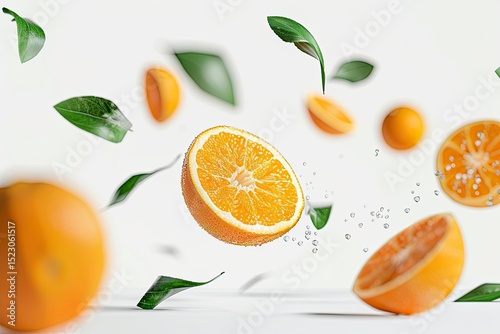 Isolated Orange Fruit with Leaves Flying in the Air on a White Background