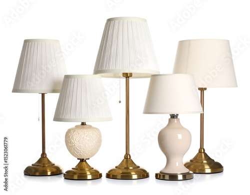 Five table lamps on white background