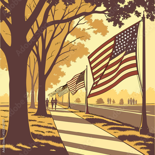 A Row of American Flags on a City Street. Memorial Day