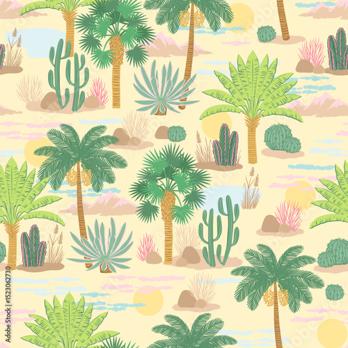 Seamless Pattern. Palm Springs California desert landscape. Elements of designs palm tree, cactus, cacti, sun, mountains, and Palm Springs desert landscape