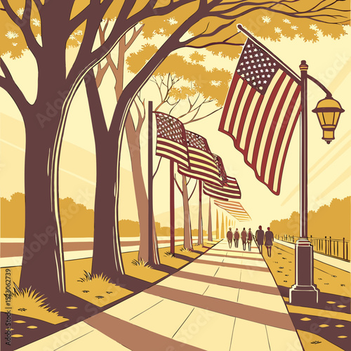 A Row of American Flags on a City Street. Memorial Day