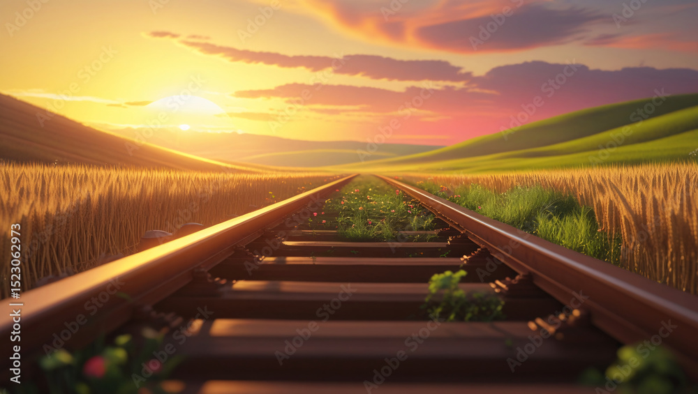 Fototapeta premium Railway tracks stretch through golden fields to a sunset, with rolling green hills and colorful skies.
